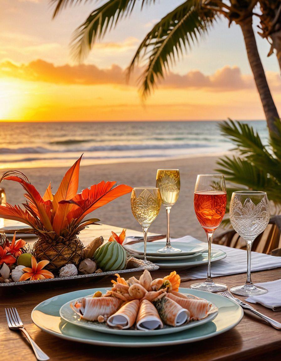 A luxurious dining setup on a beach at sunset, featuring an elegant table adorned with sparkling glassware and artfully plated seafood dishes, surrounded by charming conch shells and tropical decorations. Gentle ocean waves lap at the shore in the background, with vibrant colors illuminating the sky. Include a hint of palm trees swaying softly in the breeze. super-realistic. vibrant colors. sunset ambiance.