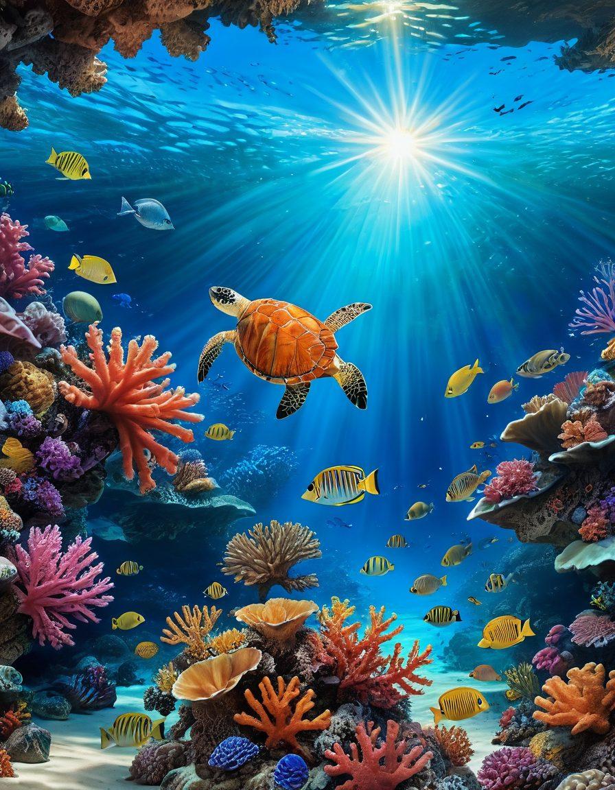 A picturesque underwater scene showcasing a vibrant coral reef teeming with diverse marine life including colorful fish, graceful sea turtles, and exquisite conch shells nestled among the corals. Sunlight filters through the water, creating shimmering reflections on the sandy ocean floor. The overall atmosphere is serene and inviting, reminiscent of a hidden tropical paradise. super-realistic. vibrant colors. high detail.