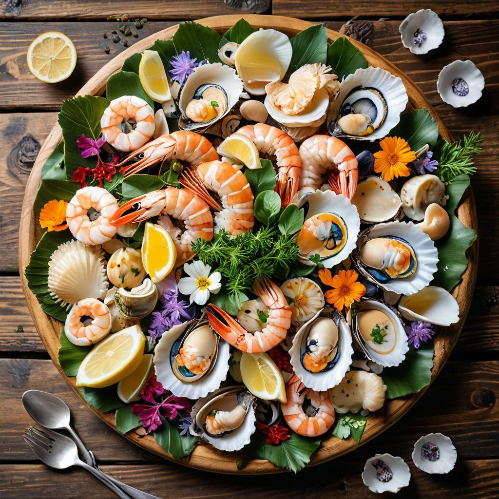 A beautifully arranged seafood platter featuring a variety of colorful, fresh seafood including shrimp, oysters, and scallops, garnished with vibrant herbs and flowers. The platter is elegantly presented on a rustic wooden table with a calm ocean backdrop. Soft sunlight creates a warm glow, enhancing the gourmet appeal of the dish. super-realistic. vibrant colors. natural lighting.